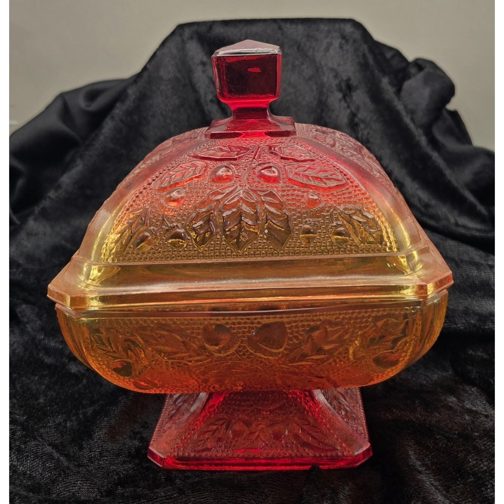 Vintage Mid-20th Cen. Candy Dish Jeannette Glass Amberina Acorn Pattern.  B#33